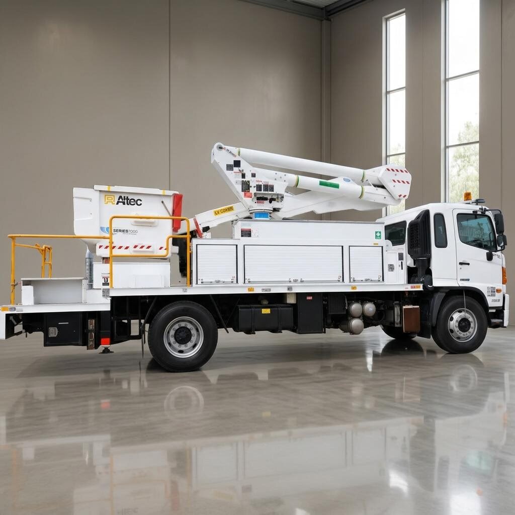 Hino Altec TA45S truck-mounted boom lift rear view and equipment body