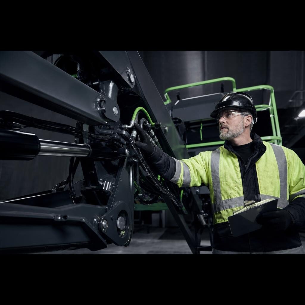 Technician inspecting elevated work platform